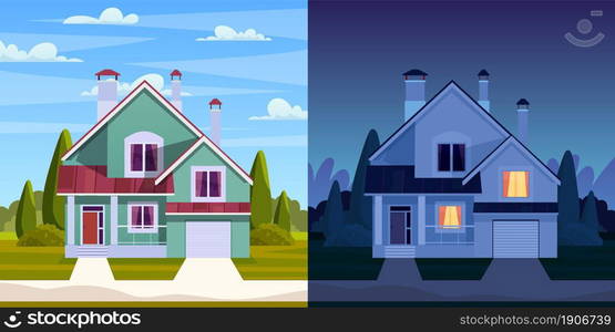 Day and night house. Street in suburb district with residential house. cartoon landscape with suburban cottage. City neighborhood with real estate property. Vector illustration in a flat style. Street in suburb district with residential house