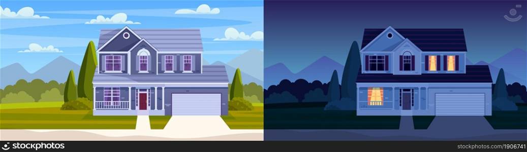 Day and night house. Street in suburb district with residential house. cartoon landscape with suburban cottage. City neighborhood with real estate property. Vector illustration in a flat style. Street in suburb district with residential house