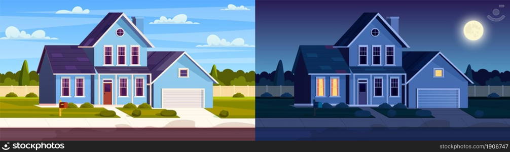 Day and night house. Street in suburb district with residential house. cartoon landscape with suburban cottage. City neighborhood with real estate property. Vector illustration in a flat style. Street in suburb district with residential house