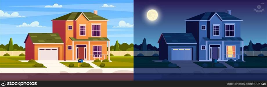 Day and night house. Street in suburb district with residential house. cartoon landscape with suburban cottage. City neighborhood with real estate property. Vector illustration in a flat style. Street in suburb district with residential house