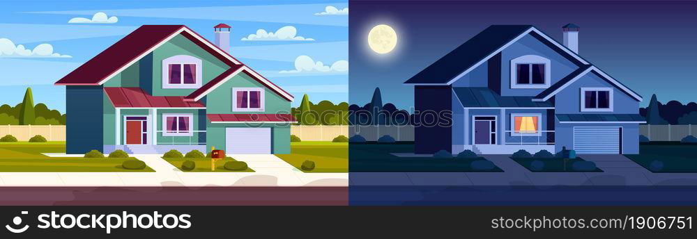 Day and night house. Street in suburb district with residential house. cartoon landscape with suburban cottage. City neighborhood with real estate property. Vector illustration in a flat style. Street in suburb district with residential house