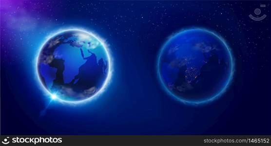 Day and night on planet Earth viewed from space. Used in science, advertising, teaching media. Realistic file.