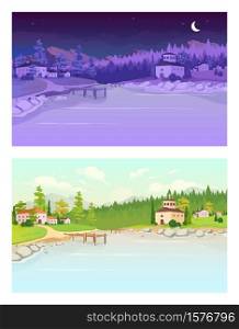 Day and night village flat color vector illustration. Lake near residential buildings. Daytime countryside. Nighttime country. Rural summer 2D cartoon landscape with nature on background. Day and night village flat color vector illustration