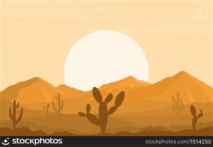 Day in Vast Desert Rock Hill Mountain with Cactus Horizon Landscape Illustration
