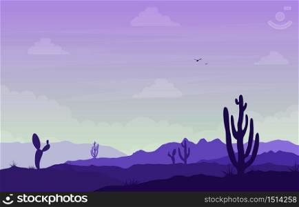 Day in Vast Western American Desert with Cactus Horizon Landscape Illustration