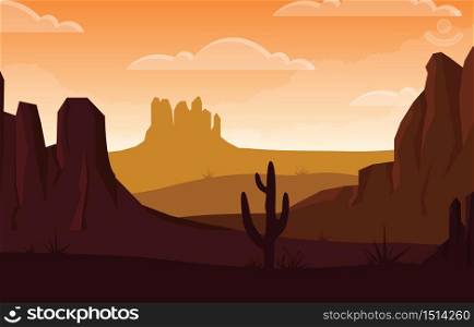 Day in Vast Western American Desert with Cactus Horizon Landscape Illustration