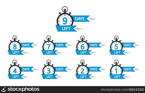 Day left countdown banners. Go time of sale. Countdown of days left offer from 10 to 1. Badges and stickers for special limited offer. Set of promotion design template. Labels for discount. Vector.. Day left countdown banners. Go time of sale. Countdown of days left offer from 10 to 1. Badges and stickers for special limited offer. Set of promotion design template. Labels for discount. Vector