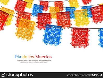 Day of dead as mexican ethnic holiday realistic background with garlands of paper cut party flags vector illustration . Mexico Flags Realistic Background