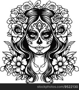 Day of dead girl black and white isolated of illustration