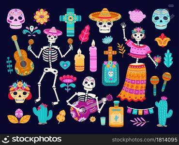Day of dead. Mexican decorations, cute skull skeletons flowers. Cartoon mexico authentic death culture elements, candle altars vector set. Illustration skull and dead culture mexican, day death mexico. Day of dead. Mexican decorations, cute skull skeletons flowers. Cartoon mexico authentic death culture elements, candle altars vector set