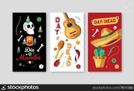 Day of dead mexican vertical banners with sombrero guitar skull memorial candles maracas cactus cartoon icons isolated vector illustration