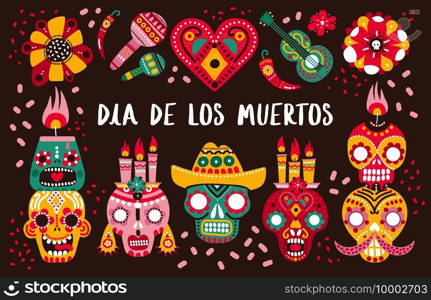 Day of dead poster. Decorative skulls, guitar and candles and hot pepper, heart and flowers. Mexican dia de los muertos vector background. Mexican pepper and skull, festival traditional illustration. Day of dead poster. Decorative skulls, guitar and candles and hot pepper, heart and flowers. Mexican dia de los muertos vector background