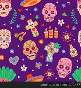 Day of dead seamless pattern. Dia de los muertos sugar skulls and flowers. Mexican halloween festival with skeletons heads flat vector print. Illustration pattern death mexican, muertos mexico. Day of dead seamless pattern. Dia de los muertos sugar skulls and flowers. Mexican halloween festival with skeletons heads flat vector print