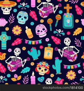 Day of dead seamless pattern. Flower decoration, stylish halloween holiday print. Fashion sugar skull, art mexican skeletons vector texture. Illustration skeleton and skull muertos. Day of dead seamless pattern. Flower decoration, stylish halloween holiday print. Fashion sugar skull, art mexican skeletons vector texture