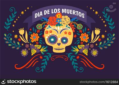 Day of the dead banner with decorative flora and foliage. Dia de los muertos, celebration of traditional mexican holiday. Skulls ornate with botany, flowers and leafage, vector in flat style. Dia de los muertos, skull decorated with flowers