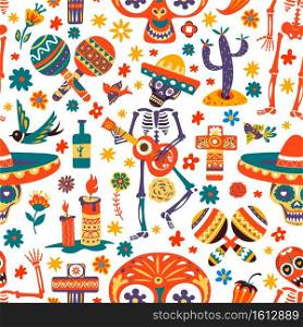 Day of the dead celebration of mexican holidays, seamless pattern of skeleton playing guitar. Dia de los muertos symbols and icons. Tequila in bottle, skull and candle, maracas and sombrero, vector. Dia de los muertos, skeleton playing guitar vector