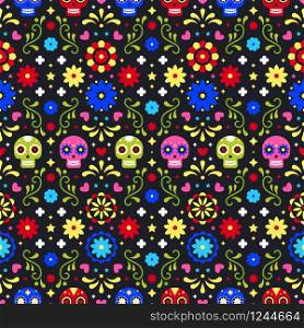 Day of the dead. Colorful mexican skulls, flowers and leaves on dark background. Traditional seamless pattern for fiesta party. Floral folk art design from Mexico. Mexican folklore ornament. Day of the dead. Colorful mexican skulls, flowers and leaves on dark background. Traditional seamless pattern for fiesta party. Floral folk art design from Mexico. Mexican folklore ornament.