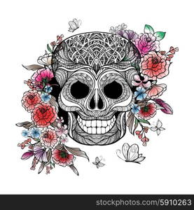 Day of the dead concept with sketch human skull and flowers vector illustration. Skull And Flowers