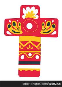 Day of the dead, cross with decorated sides and surface. Ornaments on crucifixion. Mexican tradition of painting objects for holiday, festive decoration for halloween holiday, vector in flat style. Cross decorated with ornaments and flowers, mexican tradition