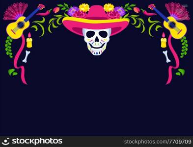 Day of the Dead decorative frame. Dia de los muertos. Mexican celebration. Holiday background with traditional symbols.. Day of the Dead decorative frame. Dia de los muertos. Mexican celebration.