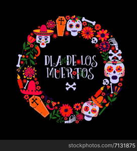 Day of the dead, Dia de los moertos, banner with colorful Mexican flowers.. Day of the dead, Dia de los muertos, banner with colorful Mexican flowers and icons. Fiesta, holiday poster, party flyer, funny greeting card