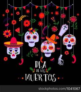 Day of the dead, Dia de los muertos, banner with colorful Mexican flowers and icons.. Day of the dead, Dia de los muertos, banner with colorful Mexican flowers and icons. Fiesta, holiday poster, party flyer, funny greeting card