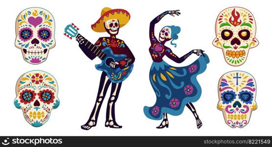 Day of the dead, Dia de los muertos characters dancing Catrina or mariachi musician skeletons and sugar skulls decorated with Mexican elements. Halloween holiday party, Cartoon vector illustration. Day of the dead, Dia de los muertos characters