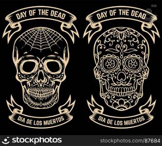 Day of the dead. Dia de los muertos. Set of the sugar skulls. Design elements for poster, greeting card, banner. Vector illustration