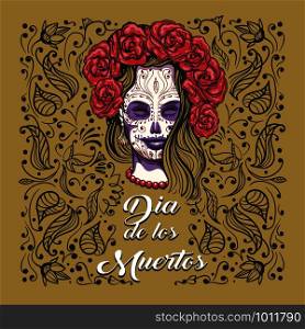 Day of The Dead Emblem. Woman with sugar skull makeup on a floral background and spnish wording Dia de los Muertos what means Day of The Dead. Vector illustration