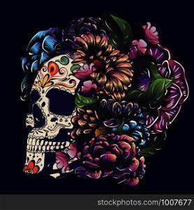 Day of the dead floral sugar skull with flowers colorful design.