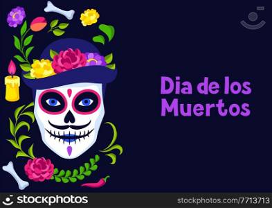 Day of the Dead greeting card. Dia de los muertos. Mexican celebration. Holiday background with traditional symbols.. Day of the Dead greeting card. Dia de los muertos. Mexican celebration.