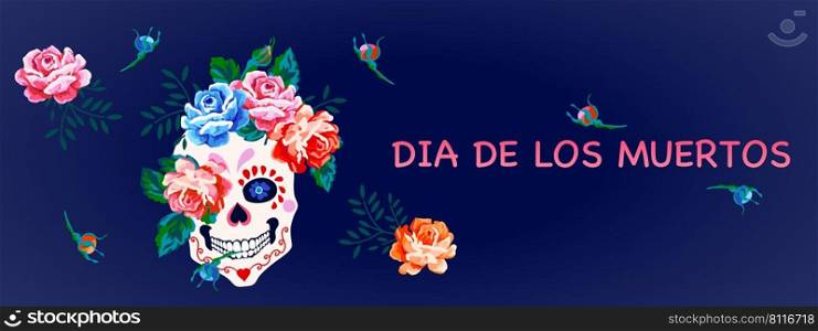 Day of the dead, Halloween, Dia de los muertos horizontal banner floral colorful skull, pattern design background