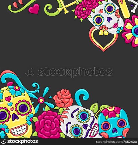 Day of the Dead invitation card. Sugar skulls with floral ornament. Mexican talavera ceramic tile traditional decorative objects.. Day of the Dead invitation card. Sugar skulls with floral ornament.
