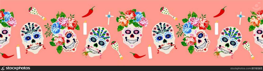 Day of the dead, Mexican holiday halloween party border banner design. Dia de los muertos seamless background