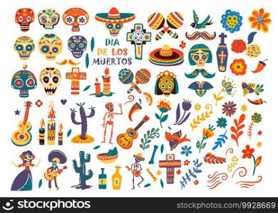 Day of the dead mexican holiday, isolated skulls and sombrero. Dia de los muertos symbols and icons. Flowers and musicians with acoustic guitar, cactus and tequila bottle, cross and maracas vector. Dia de los muertos, cultural symbols and icons