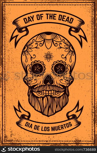 Day of the dead. Mexican sugar skull on grunge background. Design element for poster, logo, label, sign, card, banner. Vector illustration