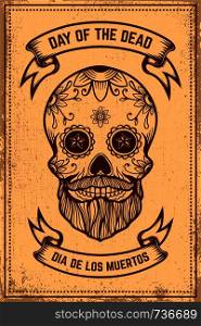 Day of the dead. Mexican sugar skull on grunge background. Design element for poster, logo, label, sign, card, banner. Vector illustration