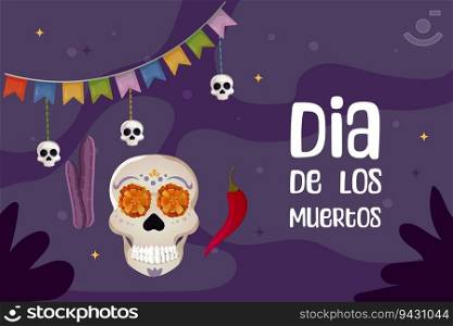Day of the dead postcard. skull and flor de muerto,bread of the dead .Dia de los muertos vector illustration. Day of the dead postcard. skull and flor de muerto