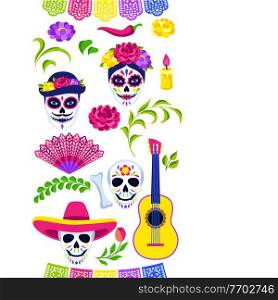 Day of the Dead seamless pattern. Dia de los muertos. Mexican celebration. Holiday background with traditional symbols.. Day of the Dead seamless pattern. Dia de los muertos. Mexican celebration.