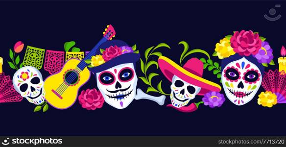 Day of the Dead seamless pattern. Dia de los muertos. Mexican celebration. Holiday background with traditional symbols.. Day of the Dead seamless pattern. Dia de los muertos. Mexican celebration.