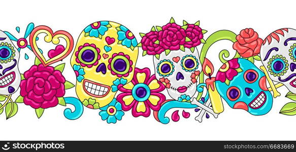 Day of the Dead seamless pattern. Sugar skulls with floral ornament. Mexican talavera ceramic tile traditional decorative objects.. Day of the Dead seamless pattern. Sugar skulls with floral ornament.