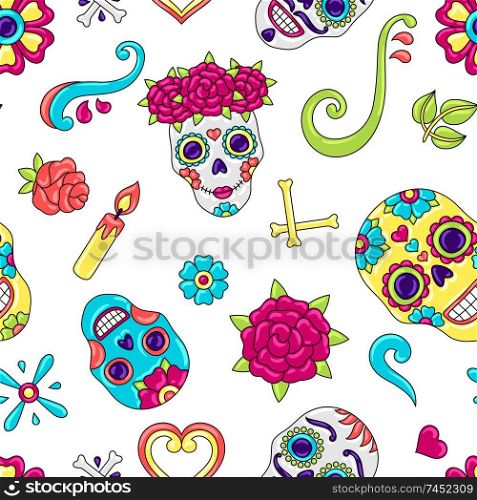 Day of the Dead seamless pattern. Sugar skulls with floral ornament. Mexican talavera ceramic tile traditional decorative objects.. Day of the Dead seamless pattern. Sugar skulls with floral ornament.