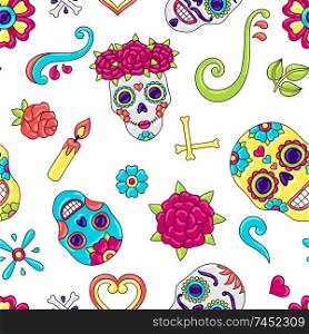 Day of the Dead seamless pattern. Sugar skulls with floral ornament. Mexican talavera ceramic tile traditional decorative objects.. Day of the Dead seamless pattern. Sugar skulls with floral ornament.
