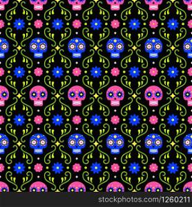 Day of the dead seamless pattern with colorful skulls and flowers on dark background. Traditional mexican Halloween design for Dia De Los Muertos holiday party. Ornament from Mexico. Day of the dead seamless pattern with colorful skulls and flowers on dark background. Traditional mexican Halloween design for Dia De Los Muertos holiday party. Ornament from Mexico.