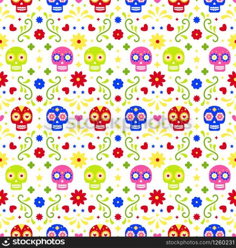 Day of the dead seamless pattern with colorful skulls and flowers on white background. Traditional mexican Halloween design for Dia De Los Muertos holiday party. Ornament from Mexico. Day of the dead seamless pattern with colorful skulls and flowers on white background. Traditional mexican Halloween design for Dia De Los Muertos holiday party. Ornament from Mexico.