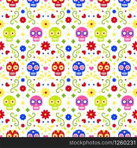 Day of the dead seamless pattern with colorful skulls and flowers on white background. Traditional mexican Halloween design for Dia De Los Muertos holiday party. Ornament from Mexico. Day of the dead seamless pattern with colorful skulls and flowers on white background. Traditional mexican Halloween design for Dia De Los Muertos holiday party. Ornament from Mexico.
