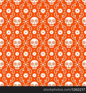 Day of the dead seamless pattern with skulls and flowers on red background. Traditional mexican Halloween design for Dia De Los Muertos holiday party. Ornament from Mexico. Day of the dead seamless pattern with skulls and flowers on red background. Traditional mexican Halloween design for Dia De Los Muertos holiday party. Ornament from Mexico.