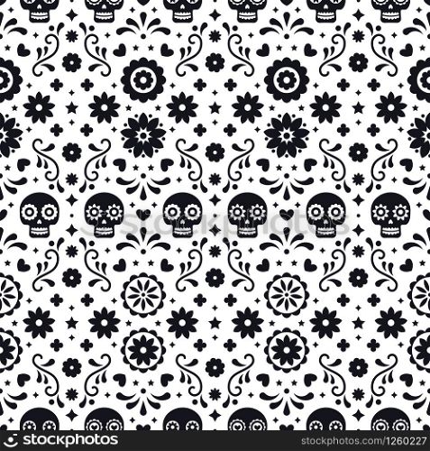 Day of the dead seamless pattern with skulls and flowers on white background. Traditional mexican Halloween design for Dia De Los Muertos holiday party. Ornament from Mexico. Day of the dead seamless pattern with skulls and flowers on white background. Traditional mexican Halloween design for Dia De Los Muertos holiday party. Ornament from Mexico.