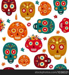 Day of the Dead seamless pattern with sugar skulls and flowers. Dia de los Muertos (tramslate - Day of the Dead) background. Day of the Dead seamless pattern
