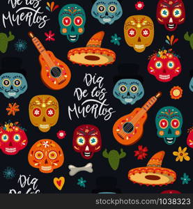 Day of the Dead seamless pattern with sugar skulls and flowers. Dia de los Muertos (tramslate - Day of the Dead) background. Day of the Dead seamless pattern